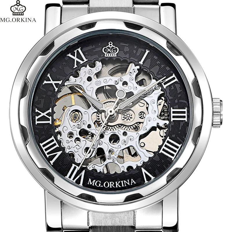 Классические мужские часы MGORKINA прозрачные механические с римскими цифрами