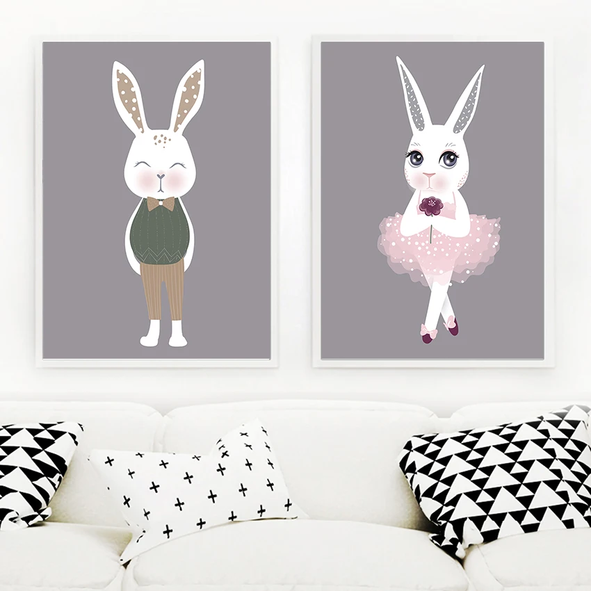 Cartoon Rabbit Posters And Prints Animal Wall Pictures for Children Bedroom Decor Modern Watercolor Art Canvas Painting Unframed