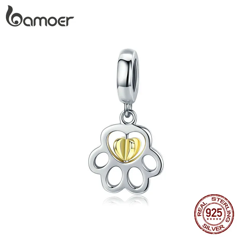 

bamoer Gold Color Dog Paw Pendant Charm for Women Charms Bracelet & Bangle Heart 925 Sterling Silver DIY Jewelry Making SCC1251