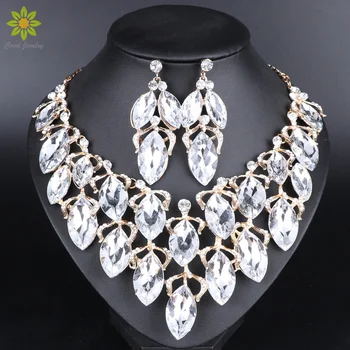 

Fashion Indian Jewellery Crystal Necklace Earrings Bridal Jewelry Sets For Brides Party Wedding Costume Accessories Decoration