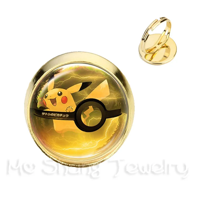 Pikachu Pokemon Pokeball кольца 16 мм круглые стеклянные колпачки и серебро/Golder покрытием 2 цвета регулируемые кольца для женщин девушек Подарок