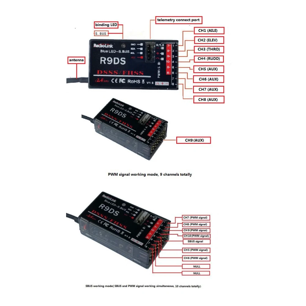RadioLink AT9S 2.4GHz10CH Remote Control System RC Transmitter Mode 2 & R9DS 10CH Receiver for RC Drone Helicopter Multicopter (14)