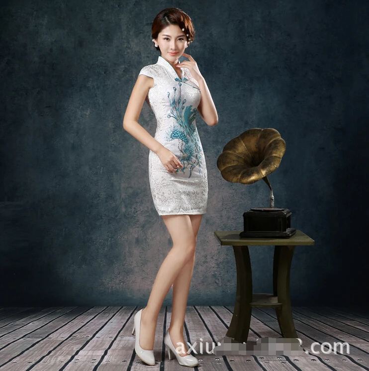 

1pcs/lot cheongsam dress embroidered phoenix Chinese dress slim short sleeves retro cotton dress 4colors