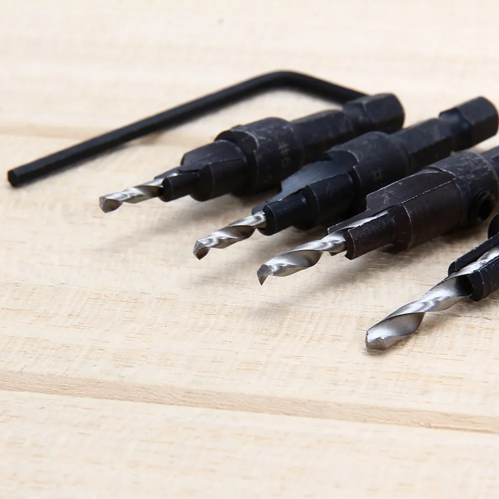 4PCS 1/4 Hex Quick Change Shank 6# 8# 10# 12#   COUNTERSINK TAPERED DRILLS BITS CONE REAMING DRILL BIT SET WOOD WOODWORKING TOOL