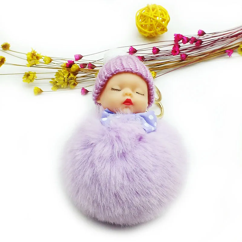 Новая мода Спящая кукла брелок пушистый искусственный мех кролика помпон милый брелок помпон бант брелок для женщин - Цвет: purple