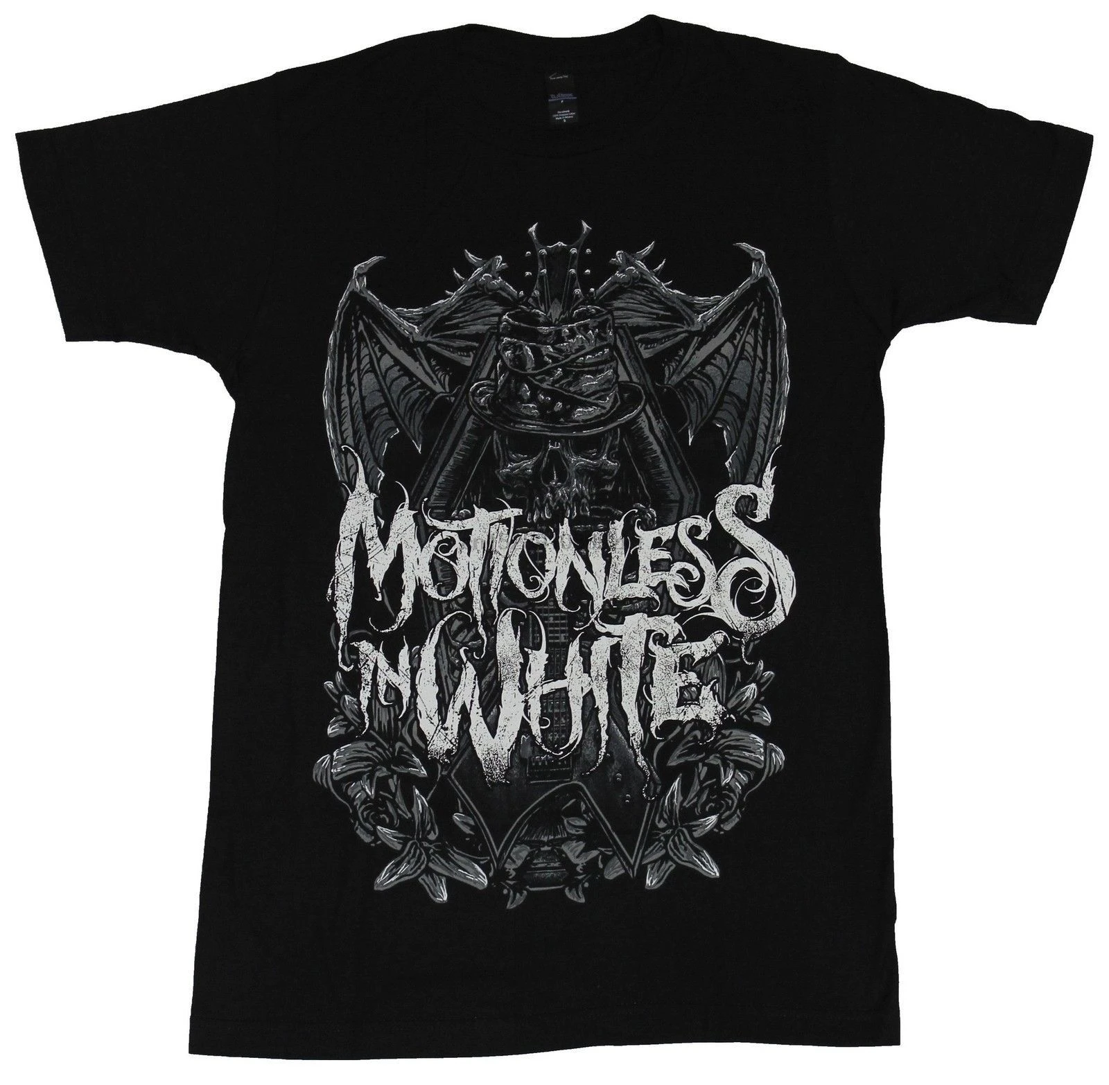 

Motionless in White Mens T-Shirt - Skull Demon Coffin Crest Under Messy Logo