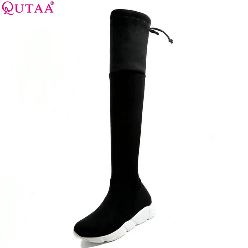 

QUTAA 2019 Winter Boots Women Shoes Fashion Grey Black Women Over The Knee High Boots All Match Wedges Heel Boots Big Size 34-43