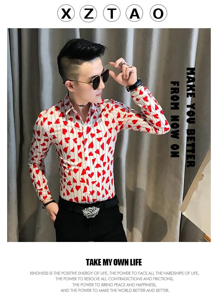 Mens Casual Shirts Stripe Love Print Self-cultivation Men Shirt Streetwear Slim Fit Hairstyle Division Club Shirt Hawaiian Shirt