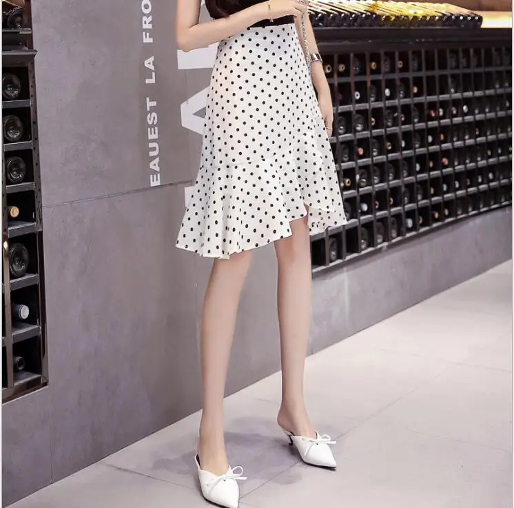 

2018 New Summer Irregular Medium Long Polka Dot Skirt Women's Frilly Hip High Waist Fishtail Skirt