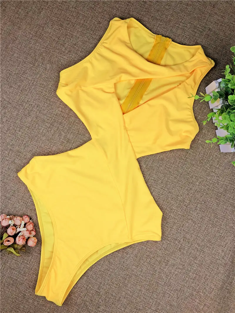 Желтый трикини, монокини с вырезами, сдельный купальник, женский купальник на молнии, Maillot De Bain Femme Une piece, купальник с высоким вырезом - Цвет: 9017