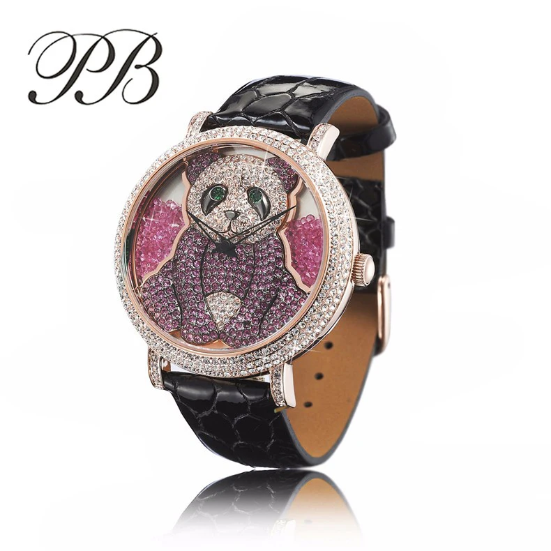 

Cartoon Watch Girl Luxury Brand PB Leisure Green Crystal 3D Print Panda Leather Strap Waterproof Quartz Watch Women Saat HL576