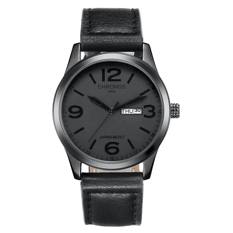 

Chronos Luxury Brand Gun Metal PVD Color Men's Watch 42mm Black Genuine Leather Strap Week and Calendar Watch Waterproof 30M