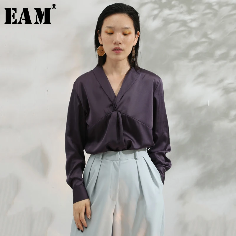 

[EAM] 2019 New Autumn Winter Fashion Tide White Long Sleeve V- Collar Button Draped Split Simple Wild Woman Shirt Blouse S355