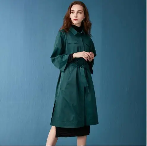 Automne khaki Nouveau Green Long Down Slim Solide Lady Office Neuf Manches Fit Col Casual 2018 Femmes Trimestre Manteau Turn Style Trench Trenchfr1116 f1gwxfEqd