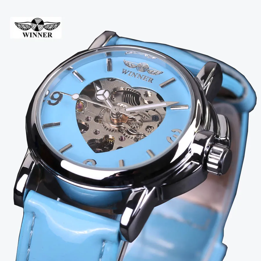 Модный бренд Winner кожаный ремешок для женщин и мужчин Скелет автоматические механические часы Женское платье механические наручные часы - Цвет: Синий