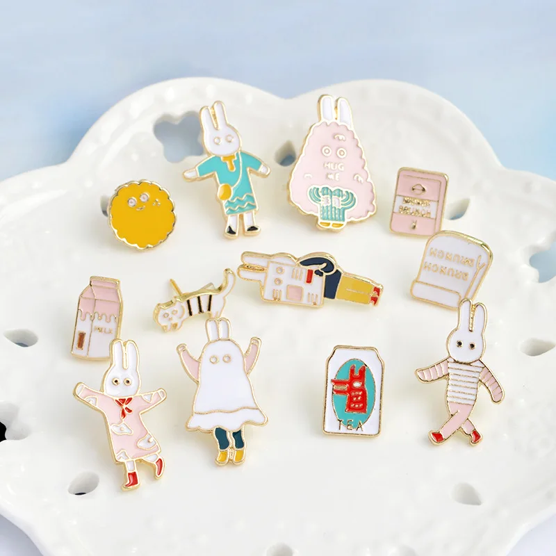 

2 Pce/Set Cute Cartoon Rabbit Read Newspaper Milk BRUHCH Cat Metal Enamel Brooch Clothes Backpack Badge Pin Trendy Jewelry Gift