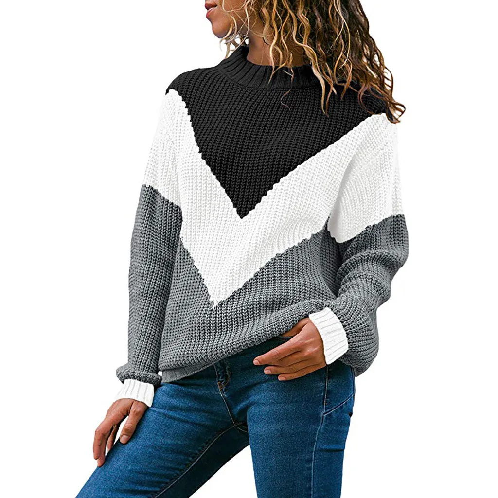 

Feitong Women Knitted Sweater Causal Round Neck Color Block Patchwork Long Sleeve Sweater Tops Pullover Jumper pull femme hiver