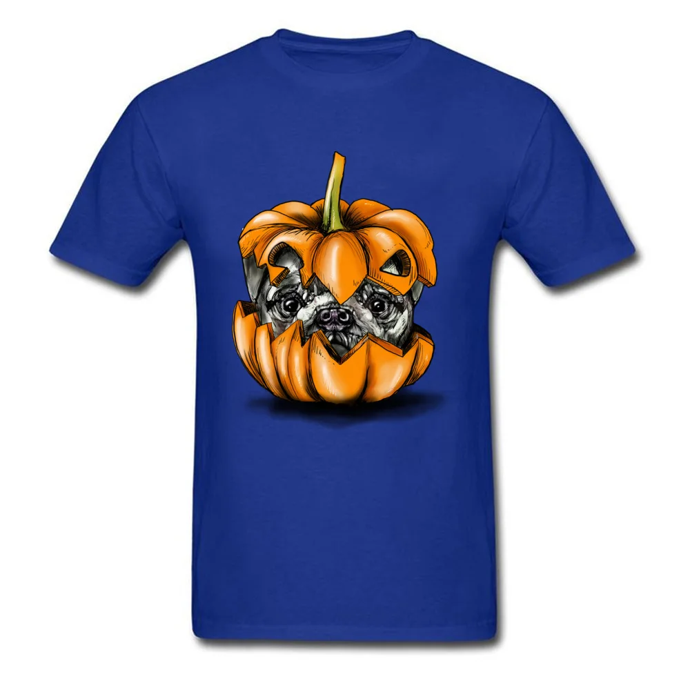 Halloween Pumpkin Pug Casual T Shirt for Students 100% Cotton Fabric Fall Round Collar Tshirts Classic Tops Shirts New Arrival Halloween Pumpkin Pug blue