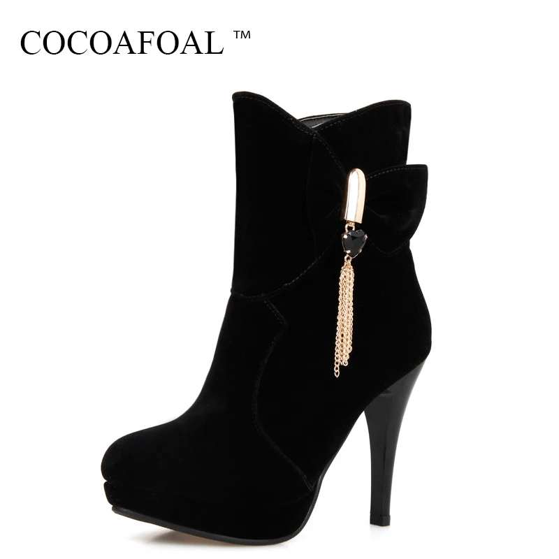 

COCOAFOAL Woman Black Metal Decoration Martin Boots Winter Crystal Ankle Boots Sexy Plus Size 33 Butterfly Knot High Heel Shoes