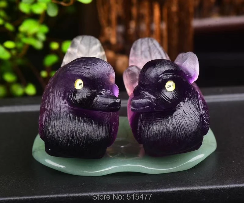Rainbow Fluorite Mandarin Ducks Sculpture Carved Stone Figurine Crystal