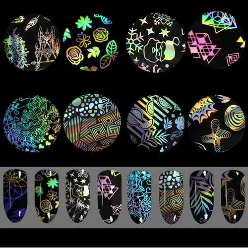 

8Pcs/Set 20*4cm Fashion Symphony transfer film foil nail stickers Silver Holo Starry Series Flower Transfer Sticker