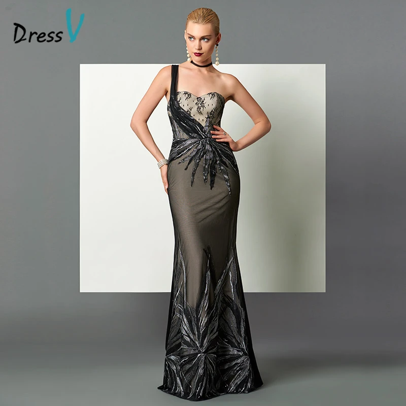 Dressv שחור נדן כתף אחת שמלת הערב סקסי ללא משענת פאייטים תחרת בת ים שמלת צד פורמלי אופנה שמלת ערב ארוך