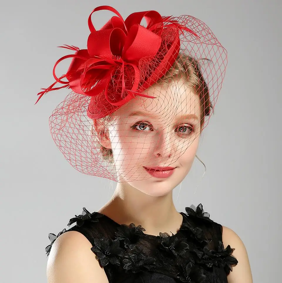 JaneVini/Лидер продаж, Свадебные шляпы с перьями, черные перья, птичья клетка, вуаль, Западная Boda, женские вуалетки, свадебные шляпки для невесты - Цвет: Красный
