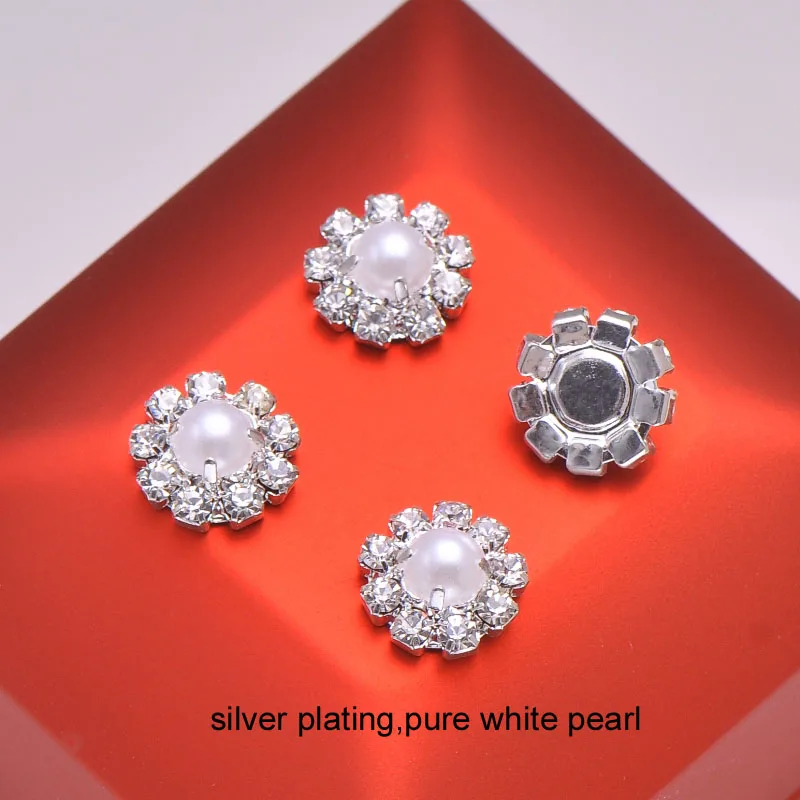 

(L0019P) wholesale 50 pcs free shipping 12mm round rhinestone button,half pearl in middle,ivory or pure white pearl