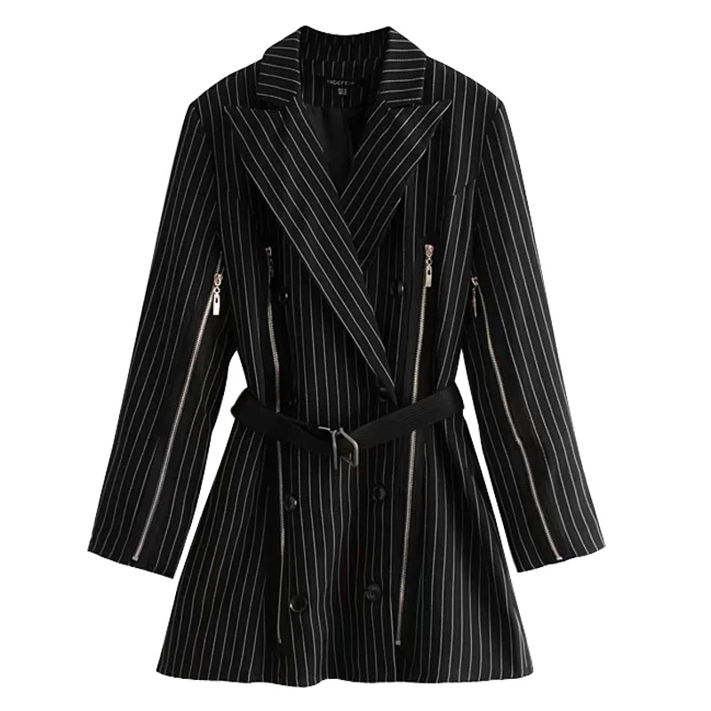 Осенние полосатые блейзеры, Женская куртка с поясом, Chaqueta Mujer Harajuku, пальто на молнии, Casaco Feminino, одежда, черная, Jaqueta