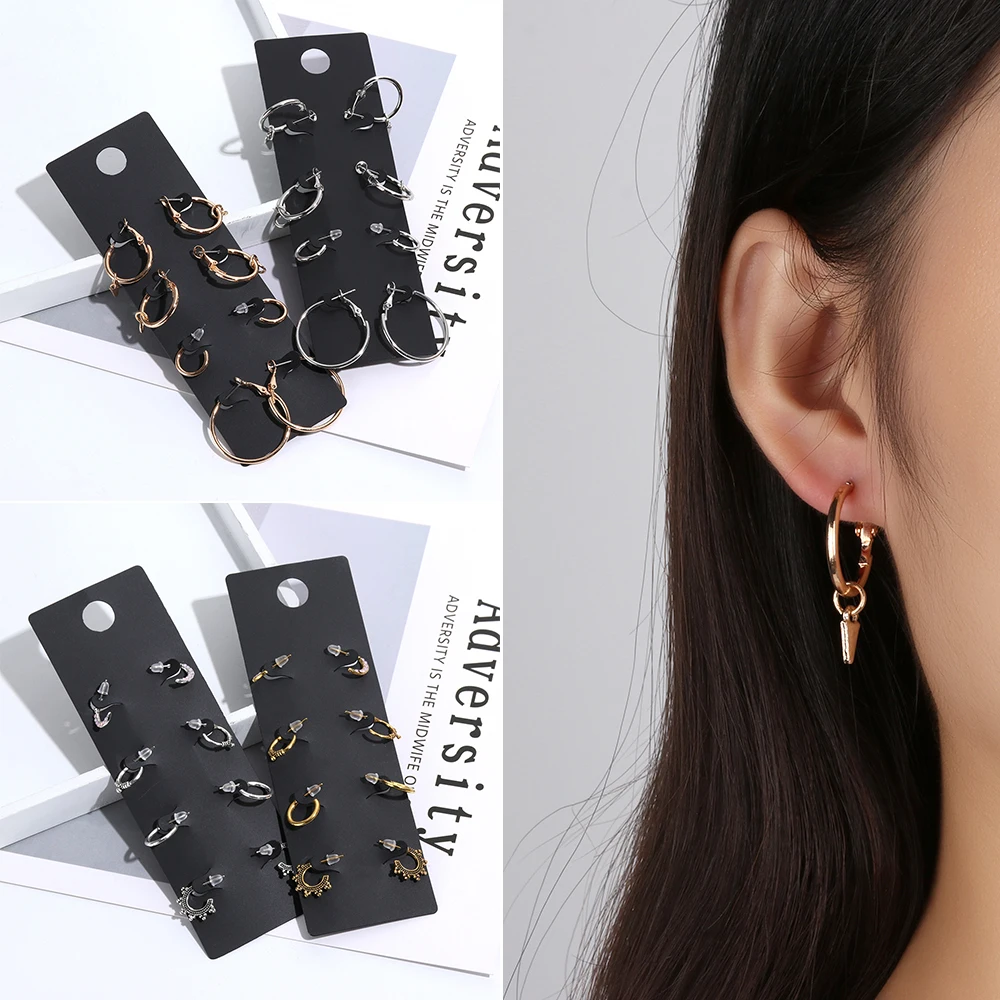 

4Pairs/Set Women Girls Fashion Round Hoop Earrings Set Charm Pendant Earring Minimalist Geometry Jewelry Ear Clip