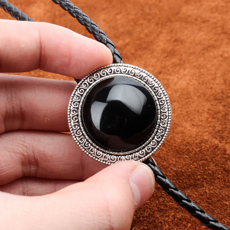 

Original Western Cowboy BOLO Tie Clip Middle Inlay Black Onyx Stone Wavy Lace PU Leather Rope Mens Fashion Jewelry