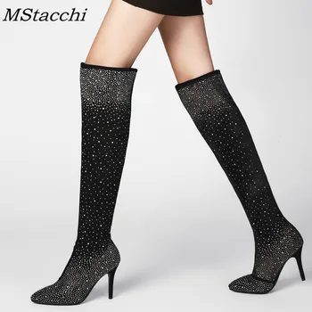 

MStacchi 2018 New Europe Sexy High-Heeled Women Shoes Shiny Rhinertione Thigh Boots Women Pointed Toe Flock Autumn Winter Boots
