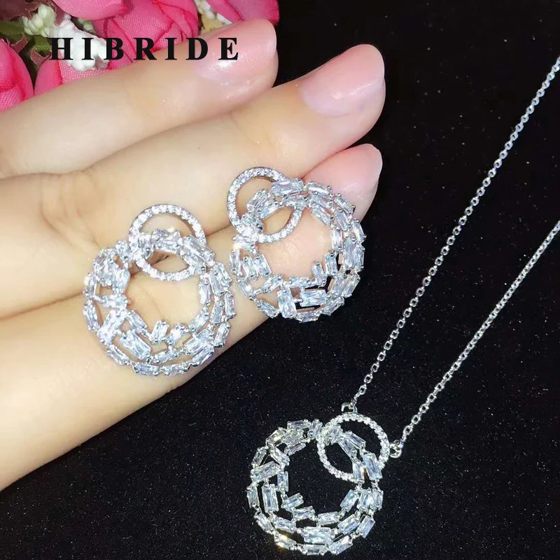 

HIBRIDE Brilliant AAA Cubic Zirocnia Baguette Pendant Jewelry Set For Women Party Jewelry Llink Pendant Earring Set Gift N-636
