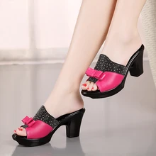ZIMNAFR 2017 SUMMER GENUINE LEATHER WOMEN SANDALS DIAMOND SOFT FACE BOW MOTHER SLIPPERS PLATFORM ANTISKID