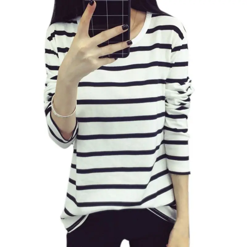 

New harajuku T shirt Women Round Neck Striped Long Sleeve T-shirts For Women Slim Wild Black White T-shirt Plus Size W3