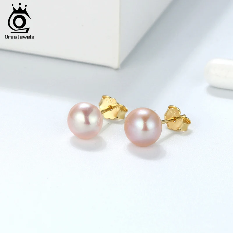 ORSA JEWELS Real 925 Sterling Silver Stud Earrings For Women Genuine Fresh Water Pearl 8 MM Gold-color Female Party Jewelry SE86 - Image 2