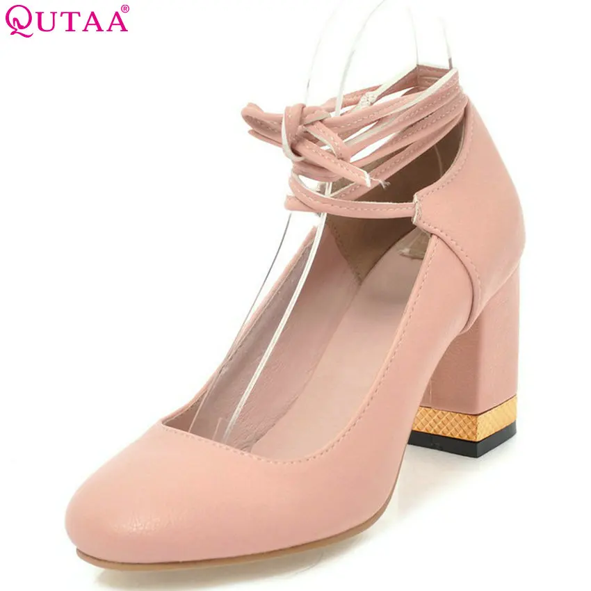 

QUTAA 2018 Women Pumps Round Toe Fashion Women Shoes Lace Up Platform Pu Leather Square High Heel Women Shoes Size 34-43