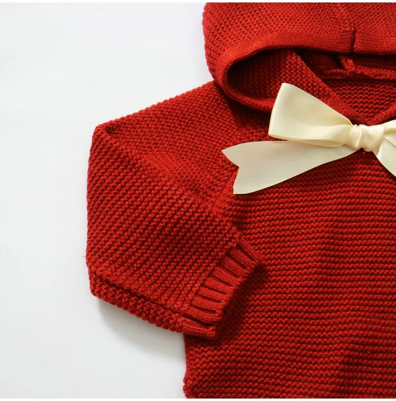Свитера для новорожденных; одежда-накидка с капюшоном; дизайнерский свитер для маленьких девочек; осенний Повседневный вязаный джемпер с бантом для малышей; Детские кардиганы