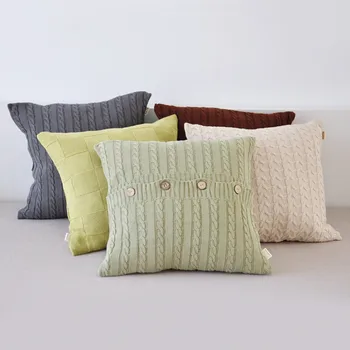 

Cotton Knitted Cushion Cover with Buttons Nordic Style Thread Pillow Cover Solid Color Sofa/Car Decor 45*45cm