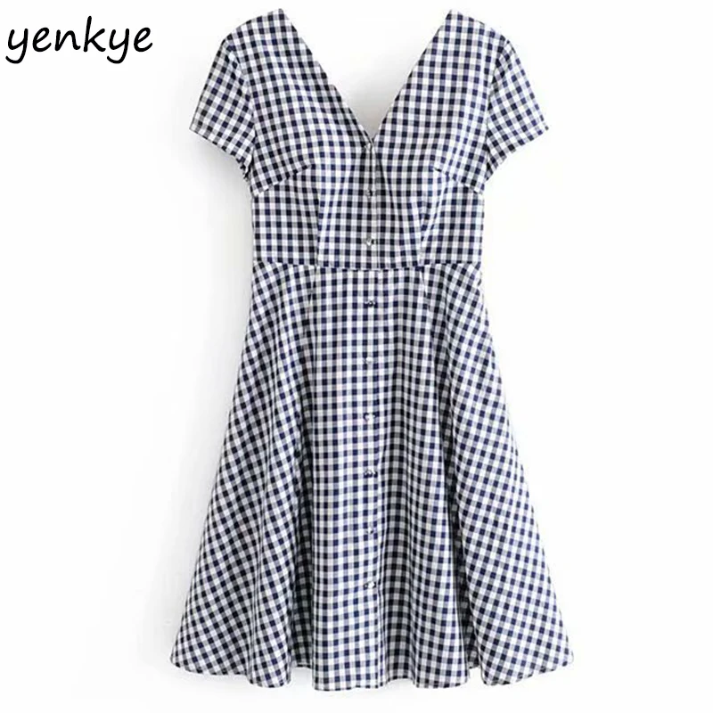 

Fashion 2019 Women Elegant Blue Vintage Plaid Dress Lady Back Smocked V Neck Short Sleeve Mini A-line Summer Dress OMZZ6777