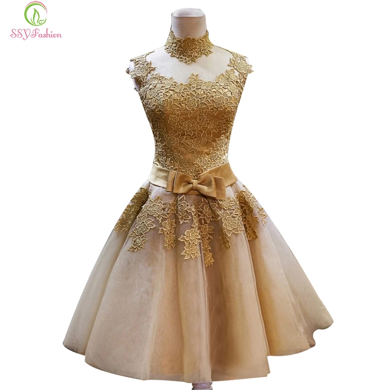 

Short Lace Gold Evening Dresses SSYFashion Bride Princess Banquet Vintga High Neck Prom Dress Plus Size Custom Robe De Soiree