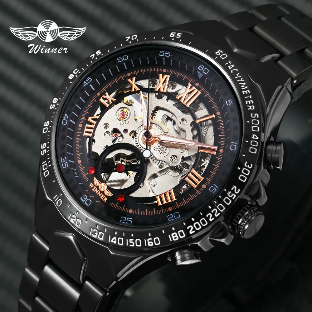 

WINNER Military Sports Auto Mechanical Watch Men Top Brand Luxury Creative Skeleton Design Stainless Steel Strap Wristwatches
