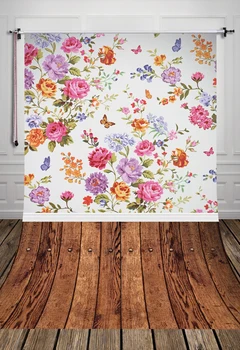 

5x7ft (1.5x2.2m) Art fabric photography backdrops backgrounds printed with brown wood floor and pastel flowers wall paper D-067