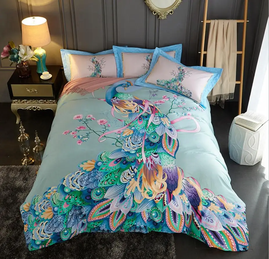 

New Peacock Reactive Printing bedding sets king queen size 4pcs 100%cotton Bohemia duvet cover bed sheet bedclothes pillowcases