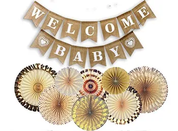 

Gold Tissue Paper Fans Flowers Balls Lanterns Party Decor Craft For Welcome Baby Banner Shower Party Wedding Decoration