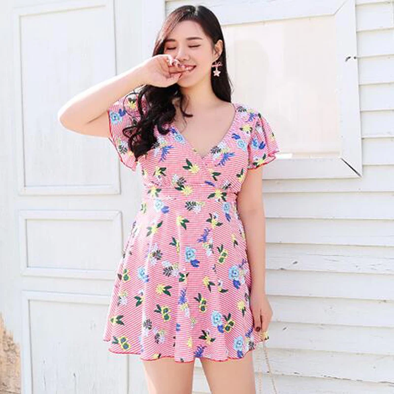 Summer Women One Piece Swimsuits Stripe Floral Printed Cute Bathing