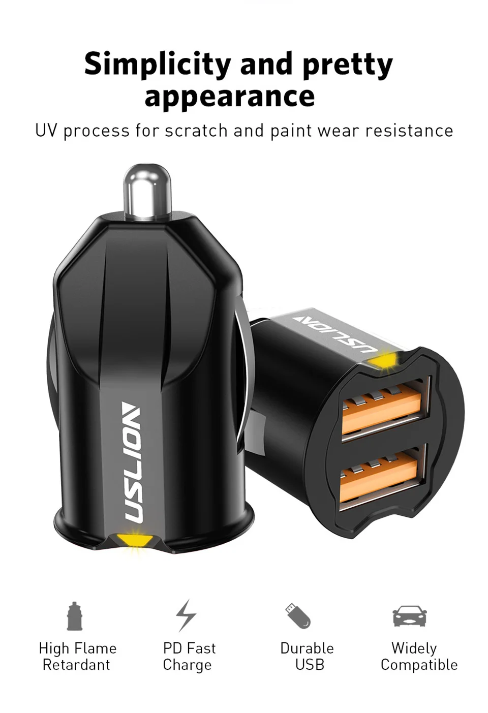 USLION Mini 2 Port USB Car Charger Adapter For iPhone Samsung QC3.0 Fast Charging USB Charger Mobile Phone Dual USB Car-charger mobile phone chargers