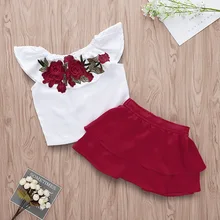 Красивые комплекты летней одежды для маленьких девочек топы с цветочным принтом, футболка+ красные юбки-пачки 2 предмета, милые хлопковые Вечерние наряды для девочек