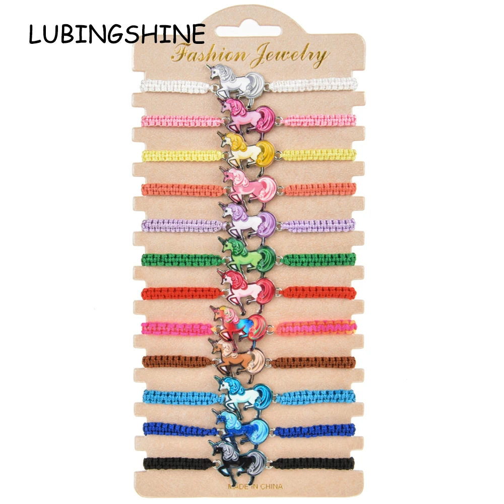 

12pcs/Set Enamel Unicorn Charms Bracelet for Women Girl Adjustable Braided Rope Chain Animal Anklet Wristband Jewelry Gift