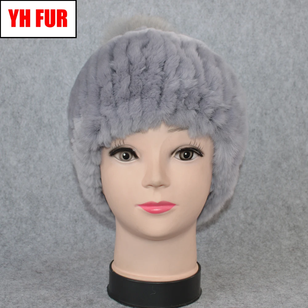 

Winter Russian Natural Rex Rabbit Fur Hat Women Elasitc Warm Soft Handmade Knitted Real Fur Caps Fox Fur Pompoms Beanies Hats